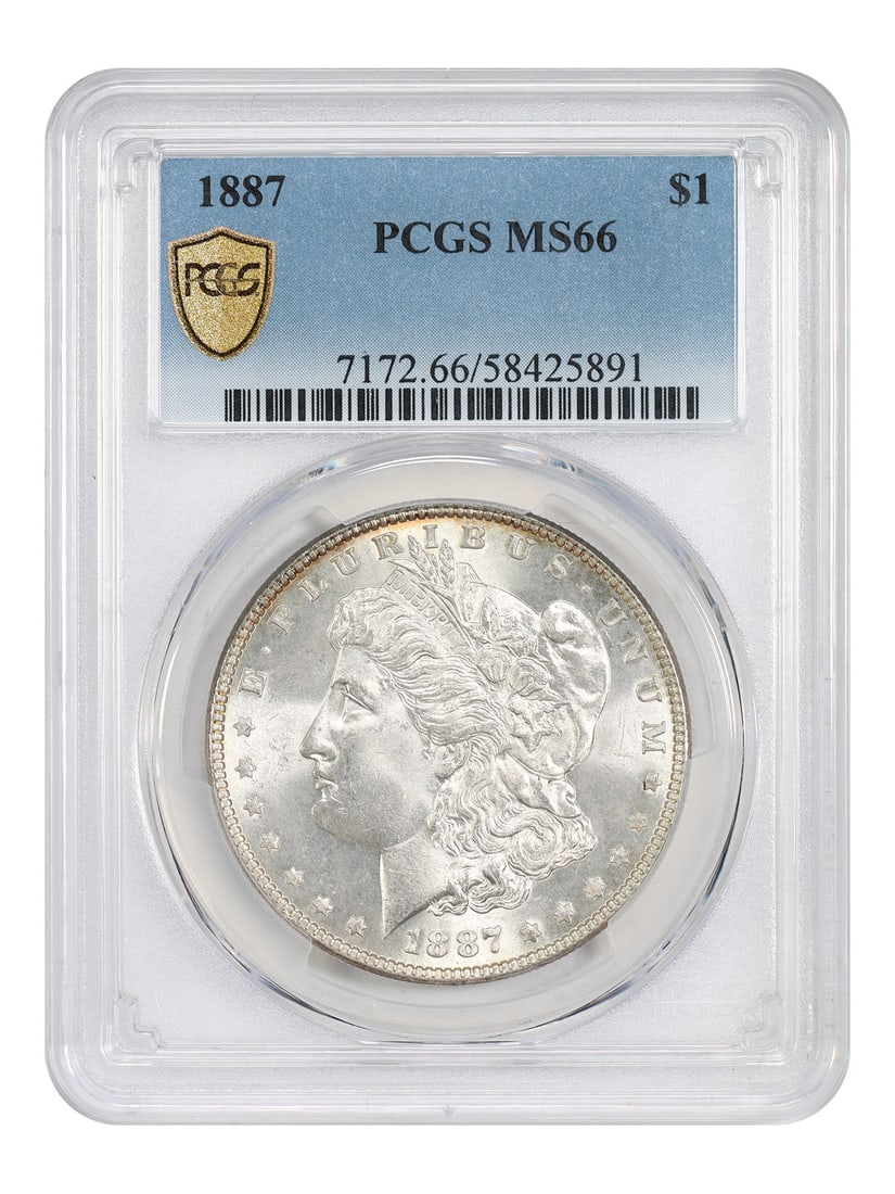 One dollar coin graded MS66 by PCGS in 1887: One dollar coin graded MS66 by PCGS in 1887 MS66 graded coin from 1887, certified by PCGS. This uncirculated dollar features the iconic Morgan Dollar design and was minted in Philadelphia. The high gr