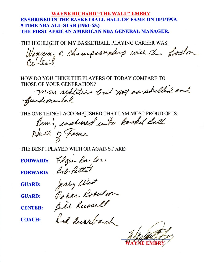 Wayne Embry Autographed Hand Filled Out JSA Survey Page (1 of 2)