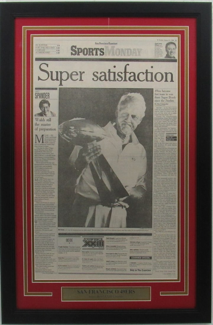San Francisco 49ers Champs Super Bowl XXIII Framed: San Francisco 49ers Champs Super Bowl XXIII Framed The San Francisco 49ers Champs Super Bowl XXIII Framed features an original newspaper reprint of the historic game-winning drive and touchdown