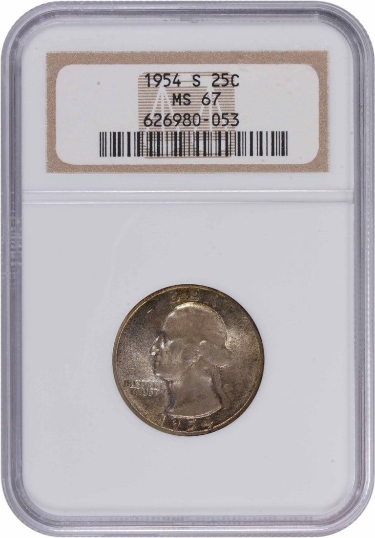 MS67 NGC Washington Quarter Silver 1954: MS67 NGC Washington Quarter Silver 1954 The MS67 NGC Washington Quarter Silver 1954 boasts exceptional condition with a grade of 67 from the Numismatic Guaranty Corporation. This uncirculated coin