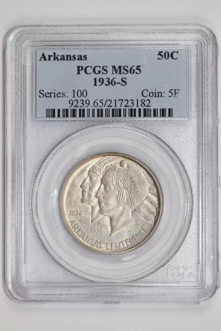 ARKANSAS 1936 HALF DOLLAR COMMEMORATIVE PCGS MS65: ARKANSAS 1936 HALF DOLLAR COMMEMORATIVE PCGS MS65 The 1936 Arkansas half dollar commemorates the state's admission to the Union. This PCGS MS65 certified coin features an uncirculated condition and a 