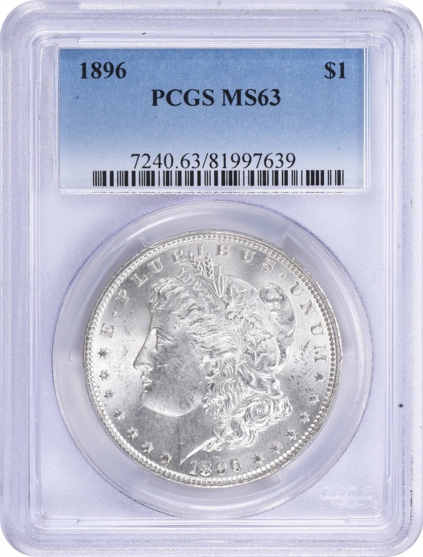 Morgan silver dollar MS63 PCGS: Morgan silver dollar MS63 PCGS MS63 PCGS certified Morgan silver dollar from 1896 boasts exceptional detail and luster, showcasing its 90% silver and 10% copper composition. With a reeded edge and no 