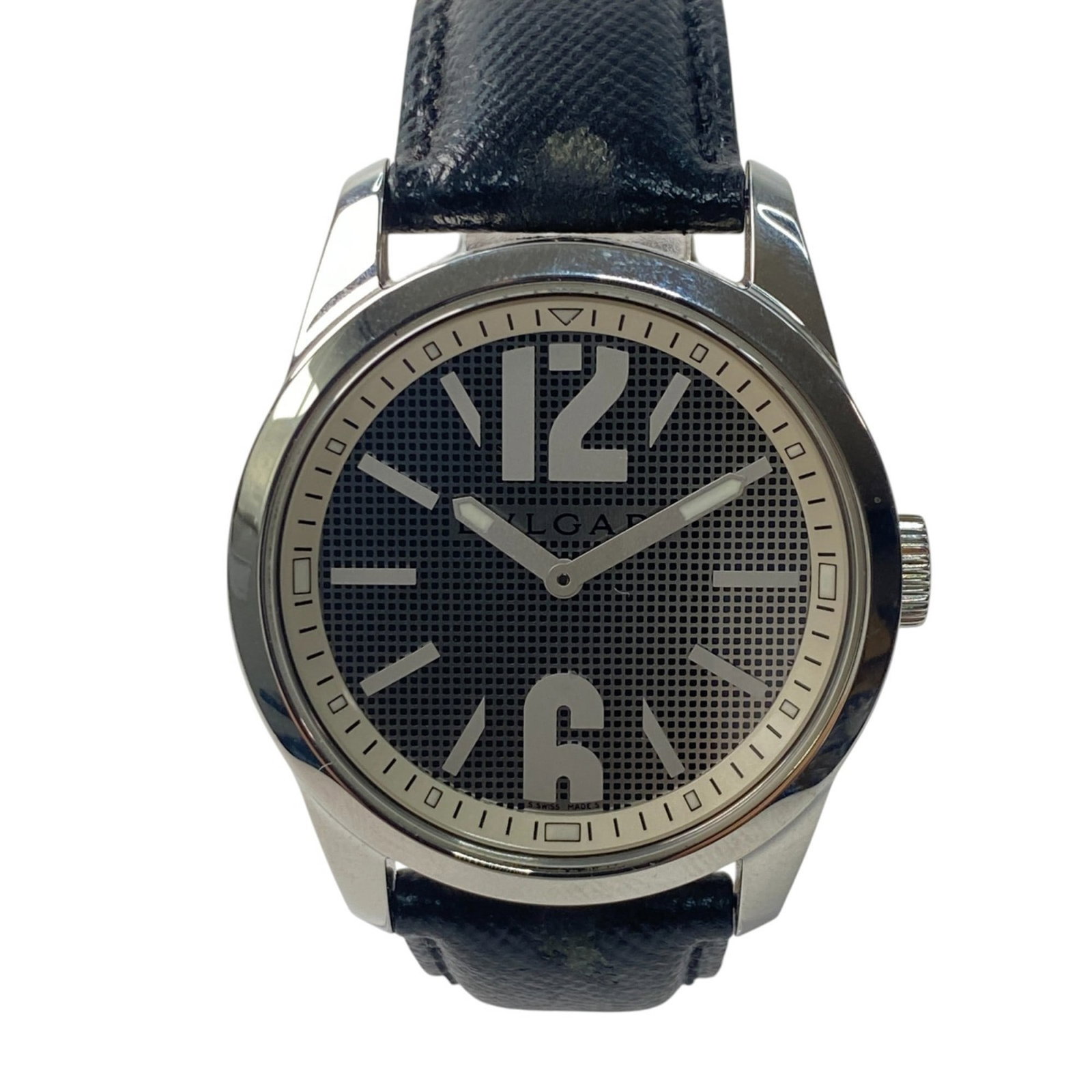 Bulgari Watch Wrist: Bulgari Watch Wrist Stainless steel case and black leather band make this Bulgari watch wrist a sleek accessory for everyday wear. With a diameter of 37mm and a thickness of 8mm, it's designed to fit 