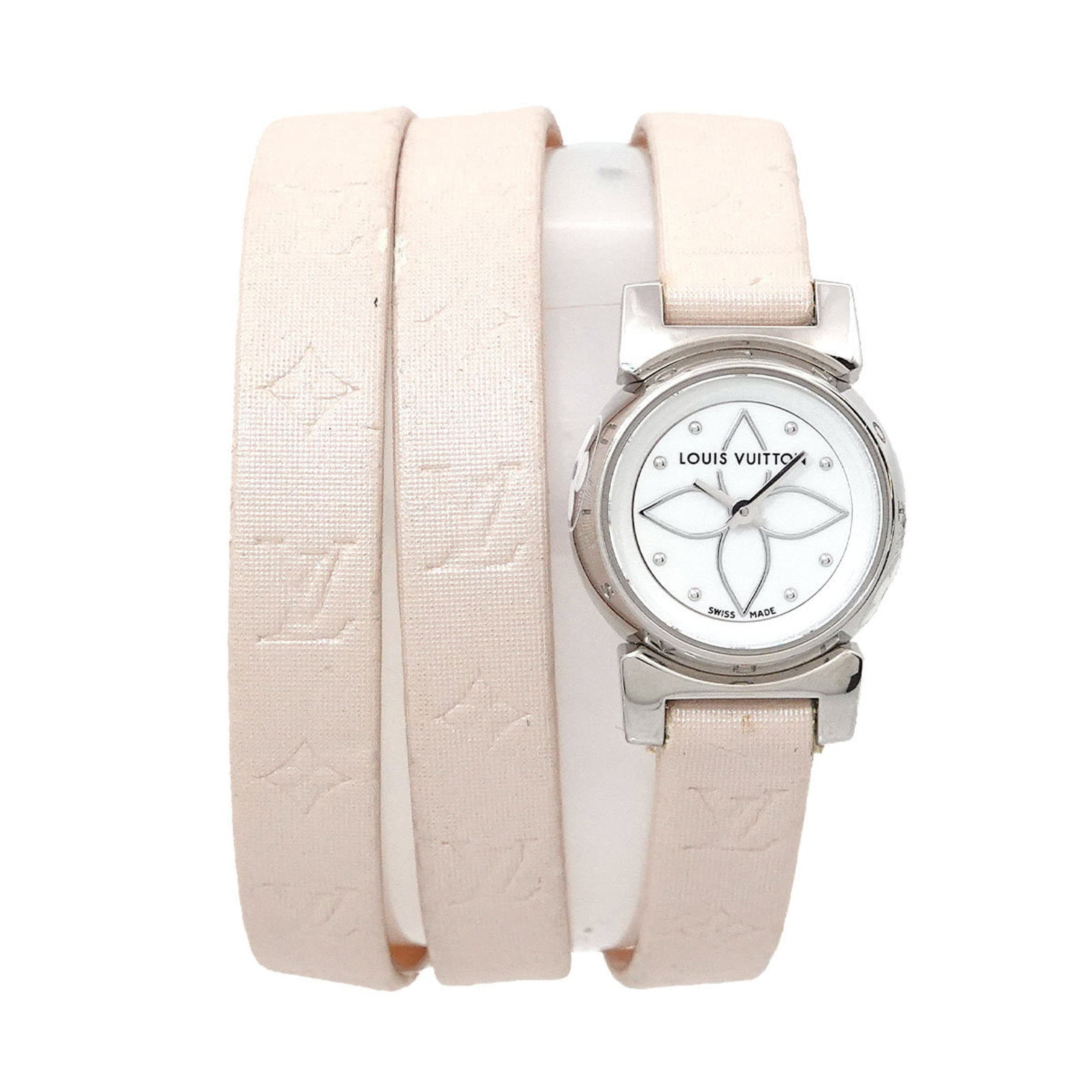 Louis Vuitton watch wrist: Louis Vuitton watch wrist Stainless steel case and satin band complement each other in this Louis Vuitton watch wrist, featuring a white shell dial. The watch measures 18mm in diameter and is