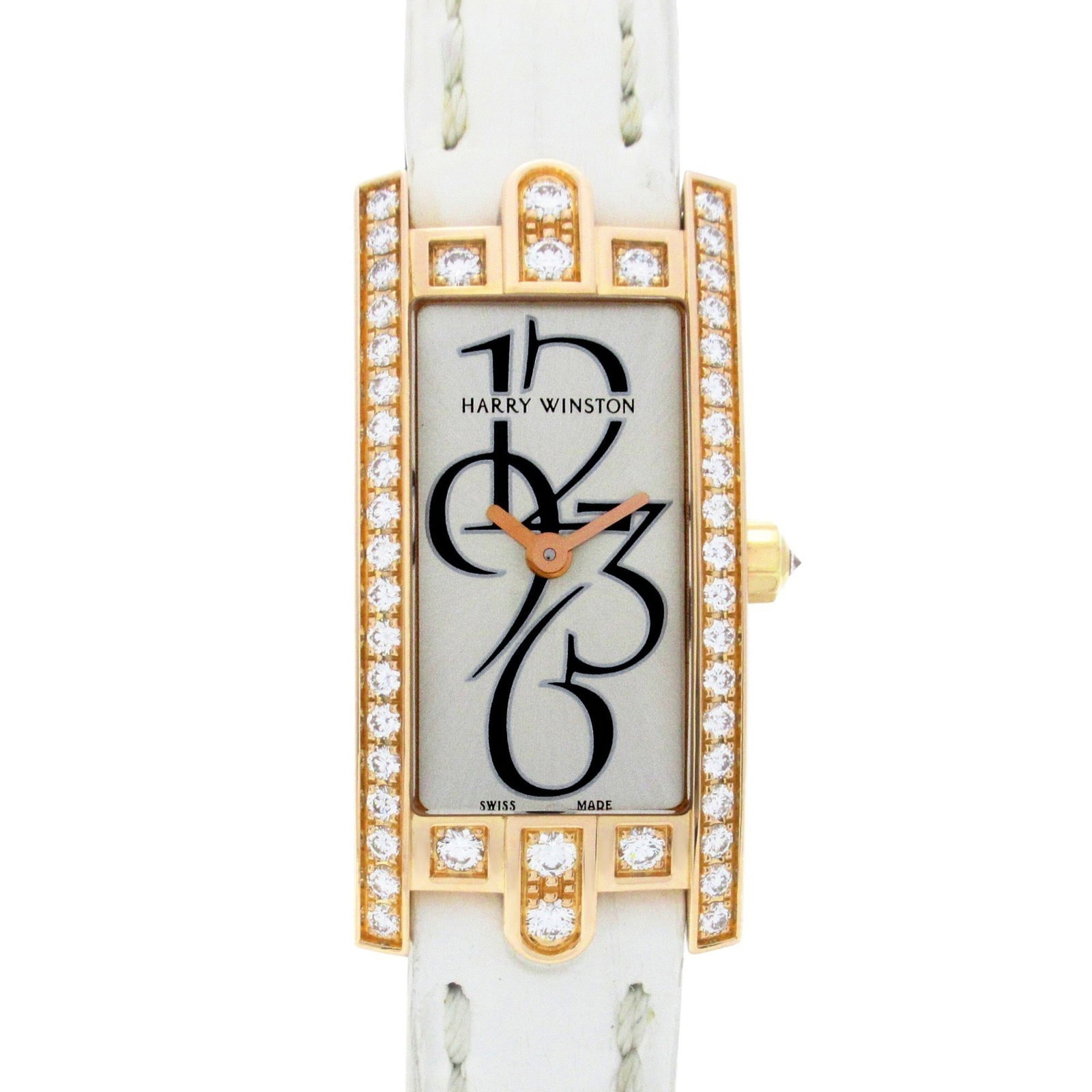 Harry Winston Watch: Harry Winston Watch Pink Gold (18K) Harry Winston Watch with Leather Band. This elegant timepiece boasts a 15.5mm case diameter and features a pink gold band measuring 11mm in width. With its subtle