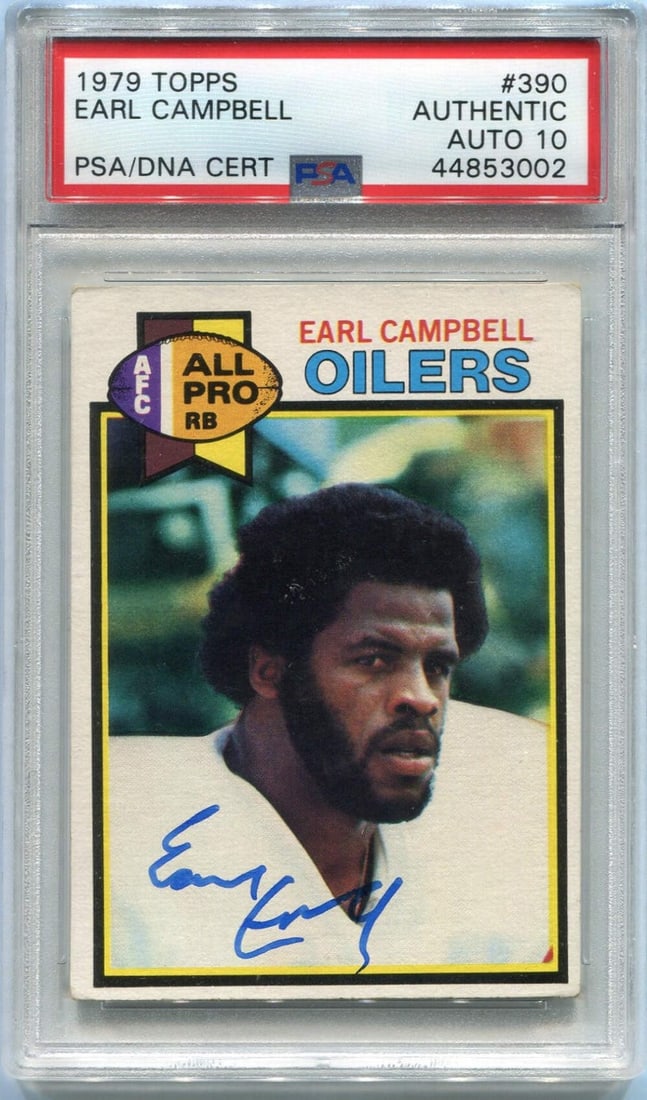 Earl Campbell 1979 Topps Certified Autographed Card: Earl Campbell 1979 Topps Certified Autographed Card Authentic Earl Campbell signed card from the iconic 1979 Topps set. This PSA/DNA Certified AUTO 10 card showcases Campbell's autograph, a rare and h