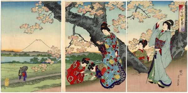 Woodblock Print Triptych Cherry Blossoms Yoshu Sumida River Japanese (1 of 2)