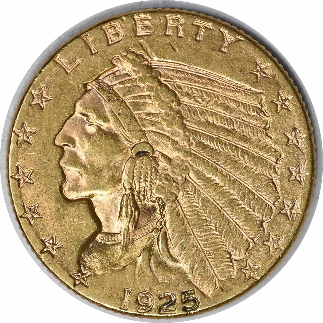 Uncertified slider gold Indian AU 1925D $2.50: Uncertified slider gold Indian AU 1925D $2.50 The 1925D $2.50 slider gold Indian features a striking design with a diameter of 18.00 millimeters and a reeded edge, making it a visually appealing