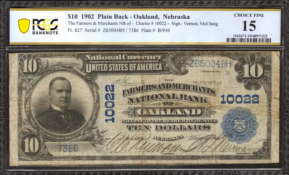 FARMERS MERCHANTS BANKNOTE OAKLAND NEBRASKA PCGS 15 CF 048H (1 of 2)