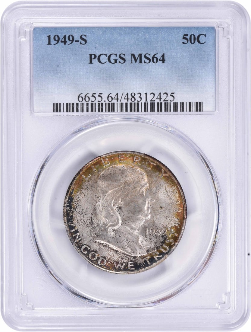 Silver Half Dollar 1949 FRANKLIN MS64 PCGS: Silver Half Dollar 1949 FRANKLIN MS64 PCGS The 1949 Franklin half dollar features a striking design with Franklin's profile on the obverse and a shield on the reverse. This MS64 specimen, certified by
