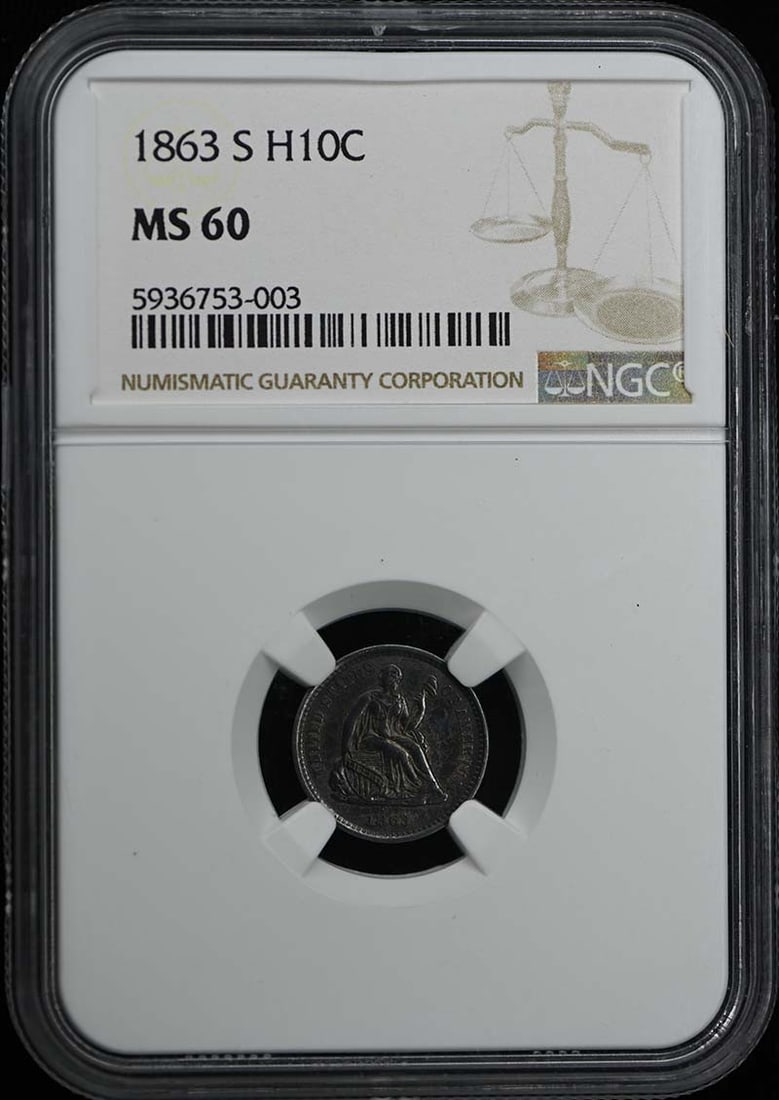 Half dime seated 1863 silver coin: Half dime seated 1863 silver coin The 1863 Liberty Seated Half Dime is an uncirculated silver coin with NGC certification, graded MS60. This rare coin features the iconic design of Lady Liberty seated