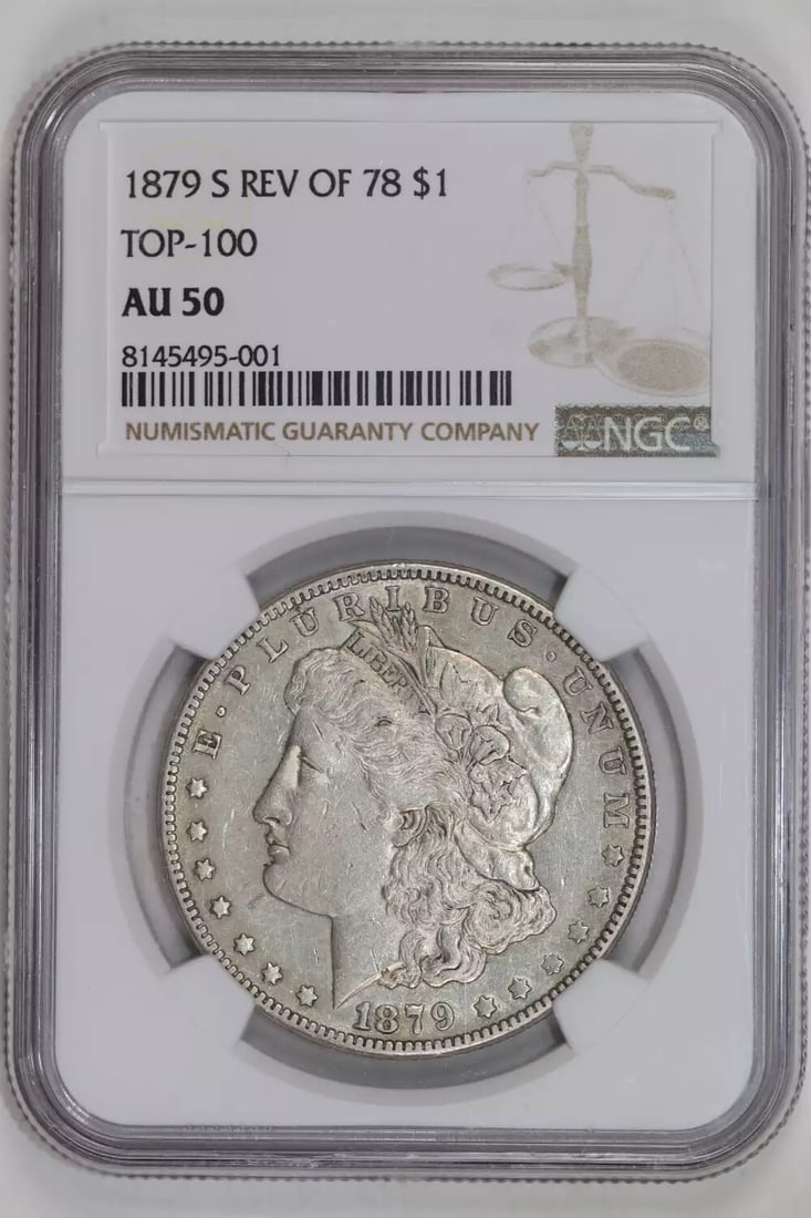 NGC AU50 1878 Reverse 100 Dollar Morgan: NGC AU50 1878 Reverse 100 Dollar Morgan The NGC AU50 1878 Reverse 100 Dollar Morgan features a circulated condition with a high-grade silver content and a notable year of 1879. This coin bears the