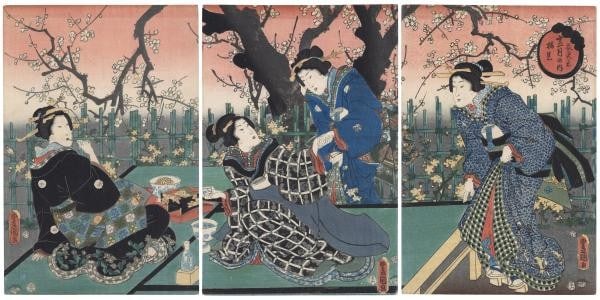 Japanese Plum Blossom Viewing Oban Print Toyokuni: Japanese Plum Blossom Viewing Oban Print Toyokuni Toyokuni III's Plum Blossom Viewing Oban Print showcases delicate washi paper and intricate Japanese design. This traditional Oban print features a