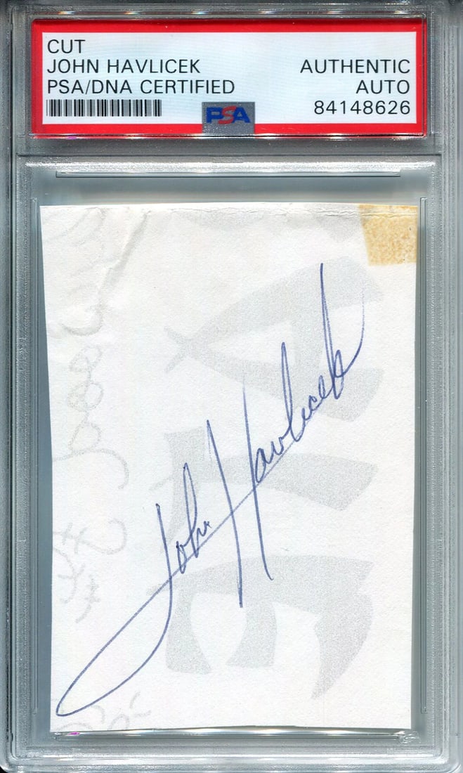 Havlicek Cut Autographed by John (PSA): Havlicek Cut Autographed by John (PSA) Authentic John Havlicek Autographed Cut Signed in blue pen across the front of the card. This unique piece is certified by Professional Sports Authenticator (PSA