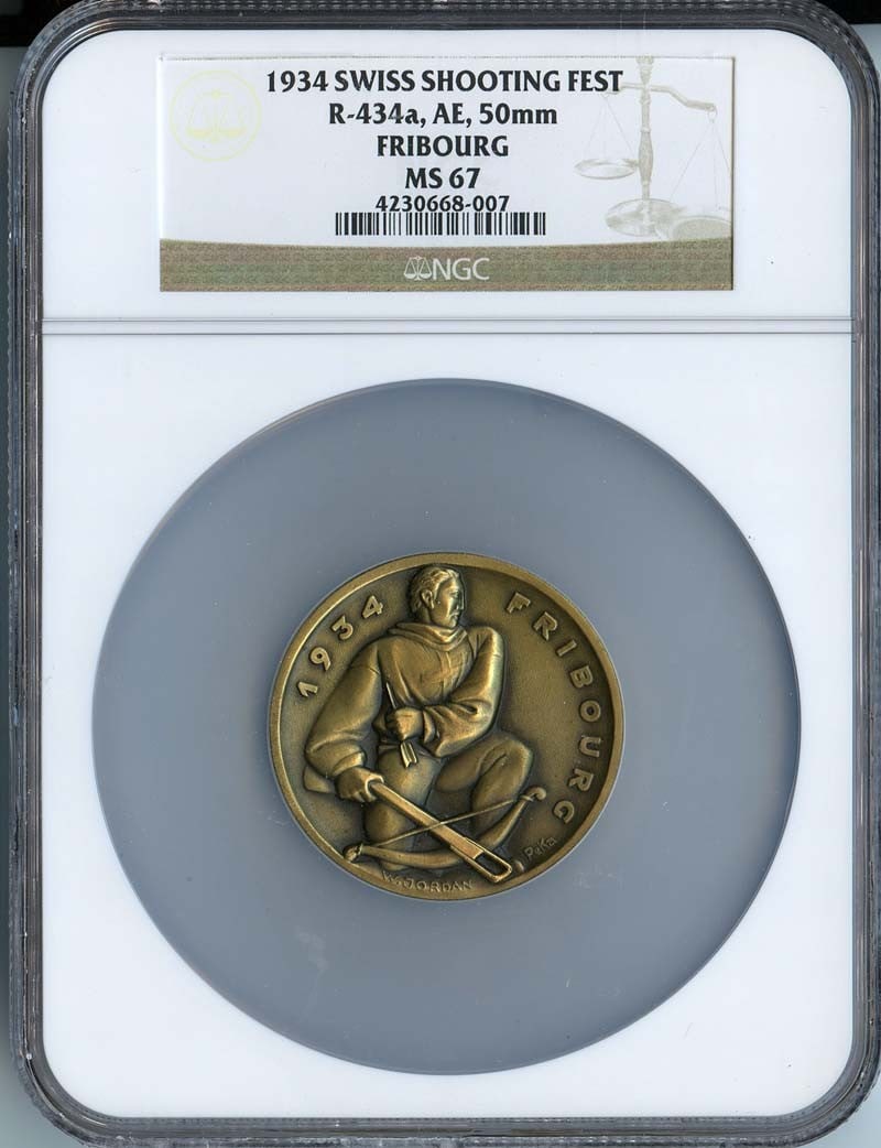 Swiss Fest 1934 AE R434a 50mm NGC MS67: Swiss Fest 1934 AE R434a 50mm NGC MS67 Swiss Fest 1934 AE R434a 50mm NGC MS67 is an uncirculated coin with a high grade of MS67. This rare coin was certified by the Numismatic Guaranty Corporation (NG