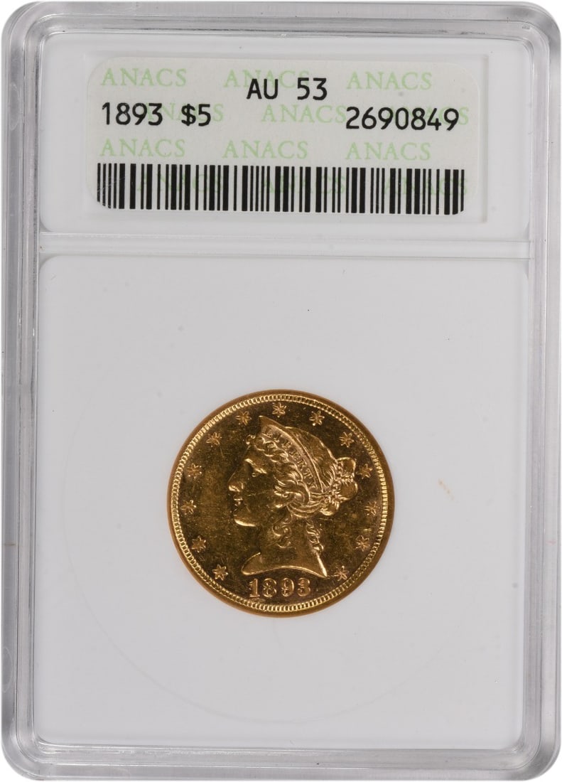 $5 53AU Libert Gold: $5 53AU Libert Gold The 1893 $5 AU Libert Gold coin is an Uncirculated specimen from the Philadelphia Mint, certified by NGC. Its unique design features a reeded edge and a diameter of 21.65