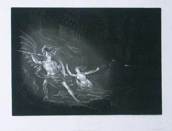 Mezzotint of Paradise Lost Combat Satan John Martin 1825 Print: Mezzotint of Paradise Lost Combat Satan John Martin 1825 Print Mezzotint of Paradise Lost Combat Satan by John Martin, created in 1825, showcases a dramatic scene from Milton's epic poem. This unique