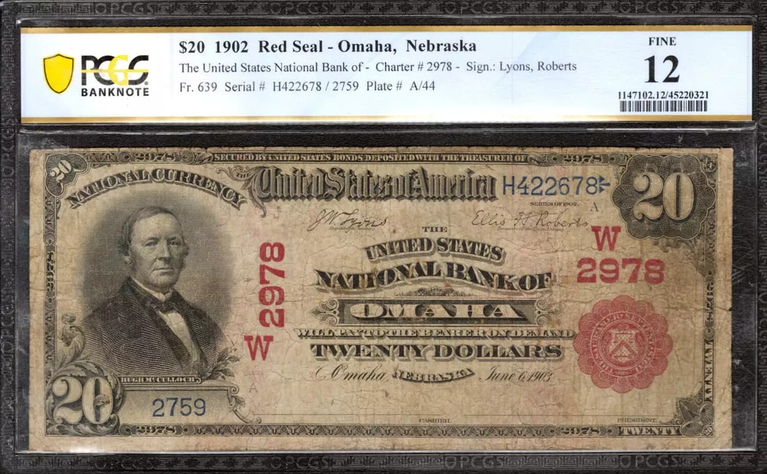 US NATIONAL BANKNOTE $20 CURRENCY 1902: US NATIONAL BANKNOTE $20 CURRENCY 1902 The 1902 $20 US National Banknote is a circulated example from the 12 Series, bearing a unique serial number H422678. This historic banknote features the iconic