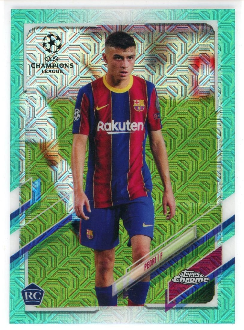 Strict rules apply to this product: Strict rules apply to this product Topps Pedri 2021 Topps Chrome Champions League Japanese Green Rookie Card #61 is a numbered card from a limited print run of 199. Notably, this card features a uniqu