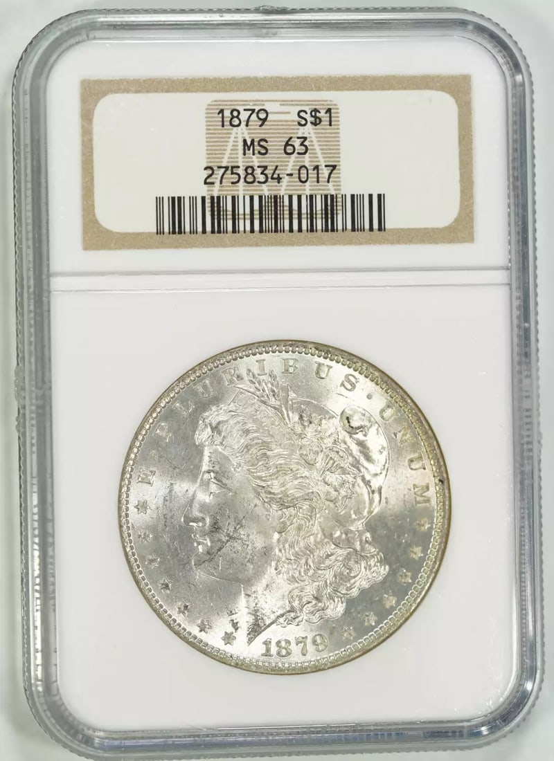 MORGAN SILVER DOLLAR 1879 S$1 MINT STATE UNC MS 63 NGC CERTIFIED: MORGAN SILVER DOLLAR 1879 S$1 MINT STATE UNC MS 63 NGC CERTIFIED The Morgan Silver Dollar 1879 S$1 is a highly graded MS 63 coin certified by the Numismatic Guaranty Corporation (NGC). This
