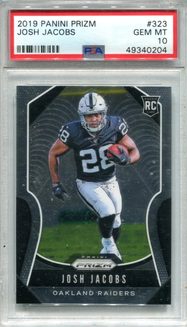 Josh Jacobs 2019 Panini Prizm 10 PSA RC: Josh Jacobs 2019 Panini Prizm 10 PSA RC Josh Jacobs 2019 Panini Prizm #323 PSA Mint 10 RC features a vibrant design and a high level of authenticity. This card has been graded by Professional Sports