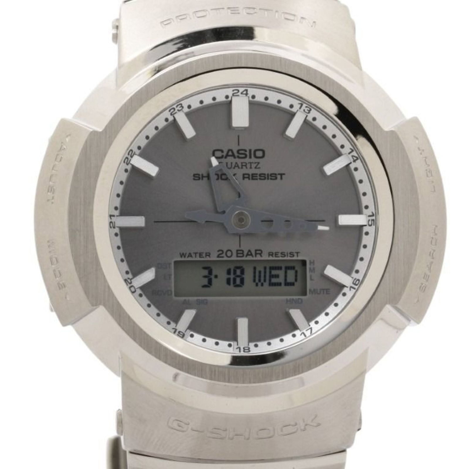 Strict Watch Rules Apply: Strict Watch Rules Apply Stainless steel watch with gray dial, featuring a 44.5mm case diameter and adjustable stainless steel band, suitable for wrists up to 18cm in length. This Casio wristwatch has