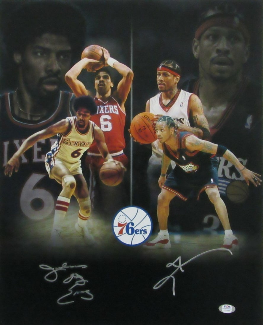 HOF Signed Erving Iverson 16x20 Dual Photo 76ers: HOF Signed Erving Iverson 16x20 Dual Photo 76ers Signed photo of Allen Iverson in his Philadelphia 76ers uniform. The 16x20 dual photo features two iconic images of Iverson in action for the team he