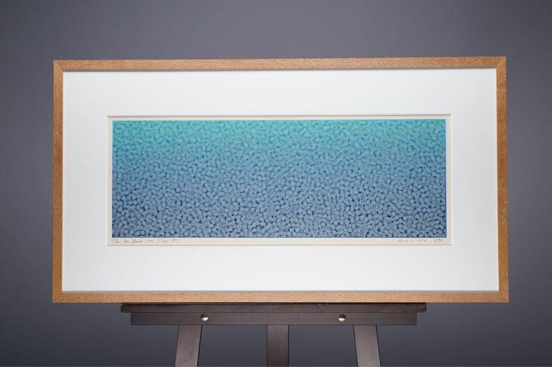 Les fleurs sur masahiro kasai silkscreen ii signed framed water 1984 ed: Les fleurs sur masahiro kasai silkscreen ii signed framed water 1984 ed Signed limited edition serigraph silk screen watercolor on paper by Masahiro Kasai, titled "Les Fleurs Sur L'Eau II", measures 2