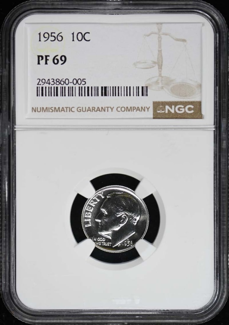 Dime 10C Silver 1956 PR69: Dime 10C Silver 1956 PR69 The 1956 Roosevelt Dime PR69 is a highly graded uncirculated coin featuring a stunning silver finish. Certified by NGC and graded PR69, this proof coin showcases exceptional