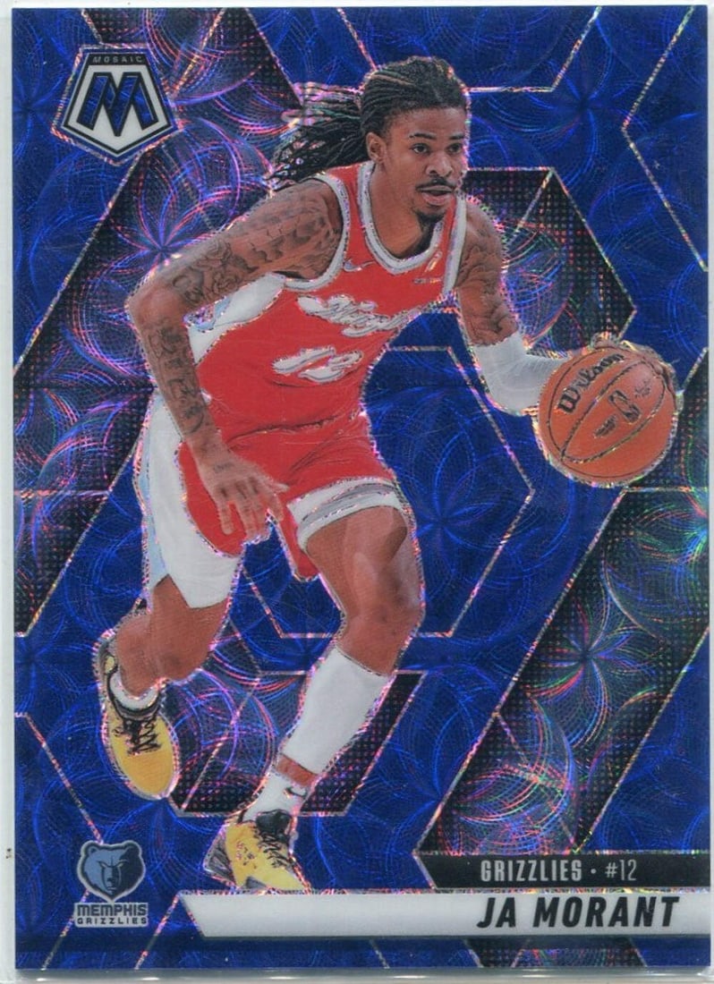 Panini Mosaic Blue Scope Prizm Card: Panini Mosaic Blue Scope Prizm Card The Panini Mosaic Blue Scope Prizm Card features Ja Morant's unique design in a striking blue scope prism effect. This card is part of the 2024-2025 Panini Mosaic s
