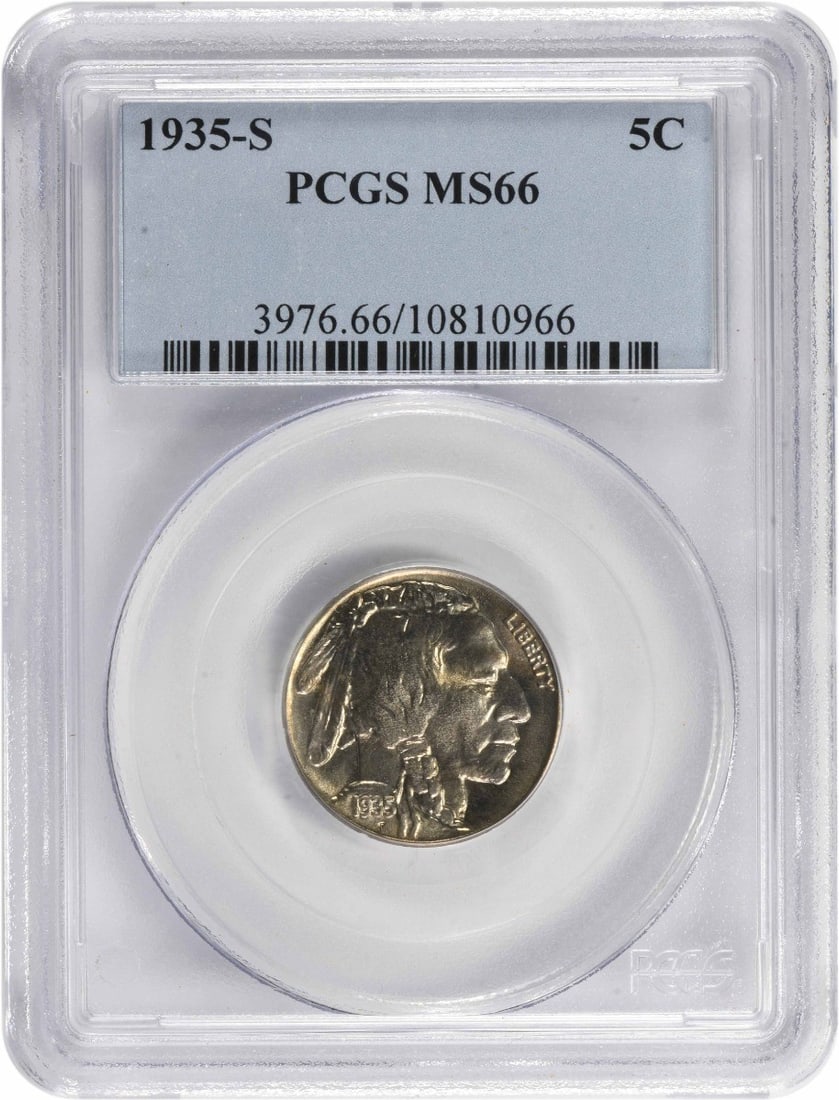 MS66 Buffalo Nickel 1935-S: MS66 Buffalo Nickel 1935-S The MS66 Buffalo Nickel 1935-S boasts exceptional detail and luster, showcasing its impressive condition with a grade of 66 from PCGS. This circulated uncirculated coin