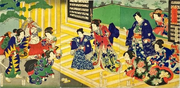 Kunisada Japanese Woodblock Print Manzai Ukiyo e Art of Genji: Kunisada Japanese Woodblock Print Manzai Ukiyo e Art of Genji Manzai scenes from the classic tale of Genji are brought to life in this stunning Japanese woodblock print. Created with traditional washi