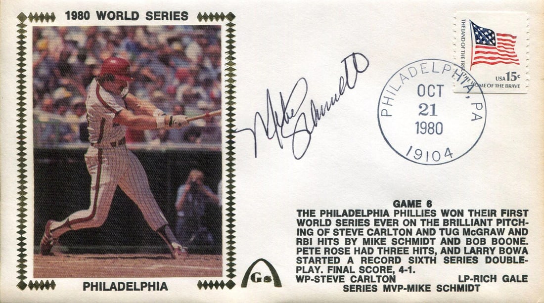 Mike Schmidt Signed First Day: Mike Schmidt Signed First Day Mike Schmidt's first day cover features his black pen signature across the front. The item is accompanied by an authenticity guarantee from and comes with a Certificate