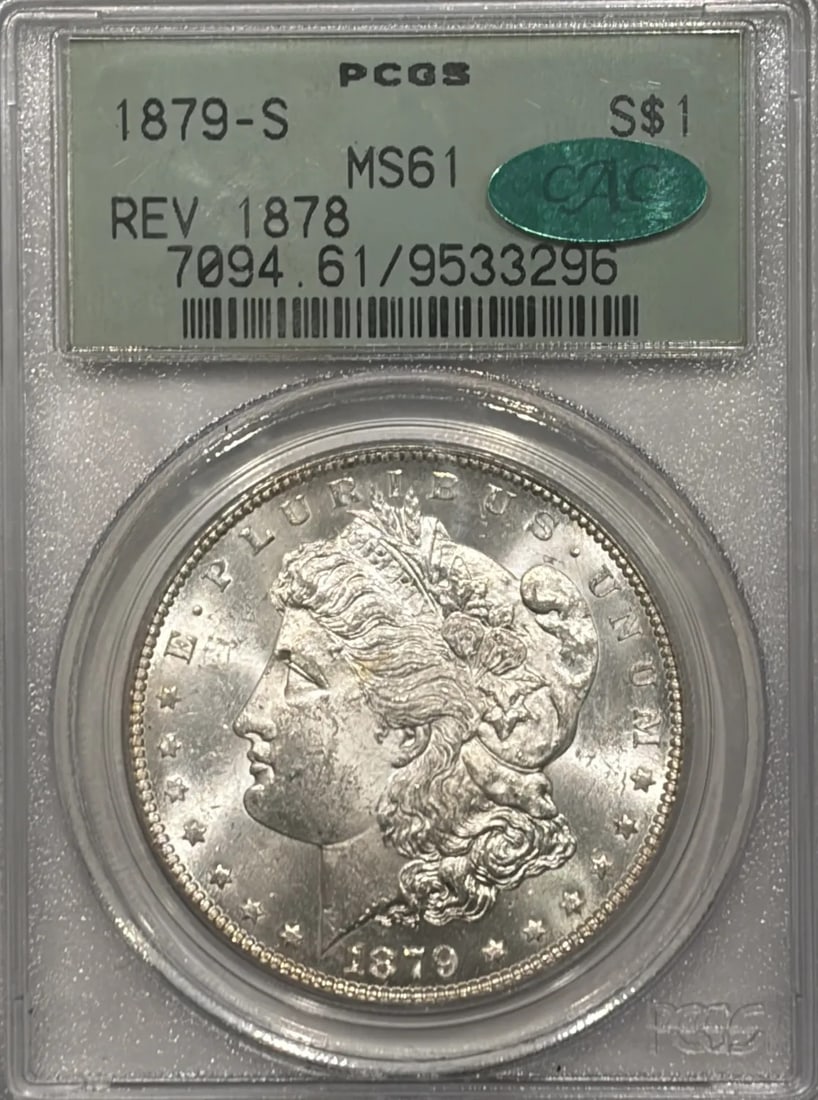 MS61 CAC 1878 Morgan Dollar Reverse PCGS 1879: MS61 CAC 1878 Morgan Dollar Reverse PCGS 1879 The MS61 CAC 1879 Morgan Dollar Reverse features a high-grade silver coin with a circulated/uncirculated designation. Certified by PCGS as an MS 61, this
