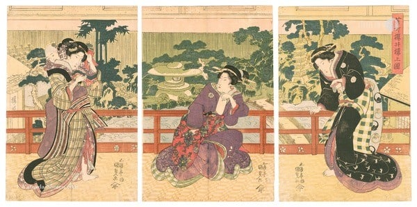 Triptych Kunisada I Japanese Woodblock Print Sakurai ro Yoshicho Upper Floor: Triptych Kunisada I Japanese Woodblock Print Sakurai ro Yoshicho Upper Floor Triptych print from Utagawa Kunisada I, created in 1815, showcases the Upper Floor of the Sakurai-ro in Yoshicho. The artwo