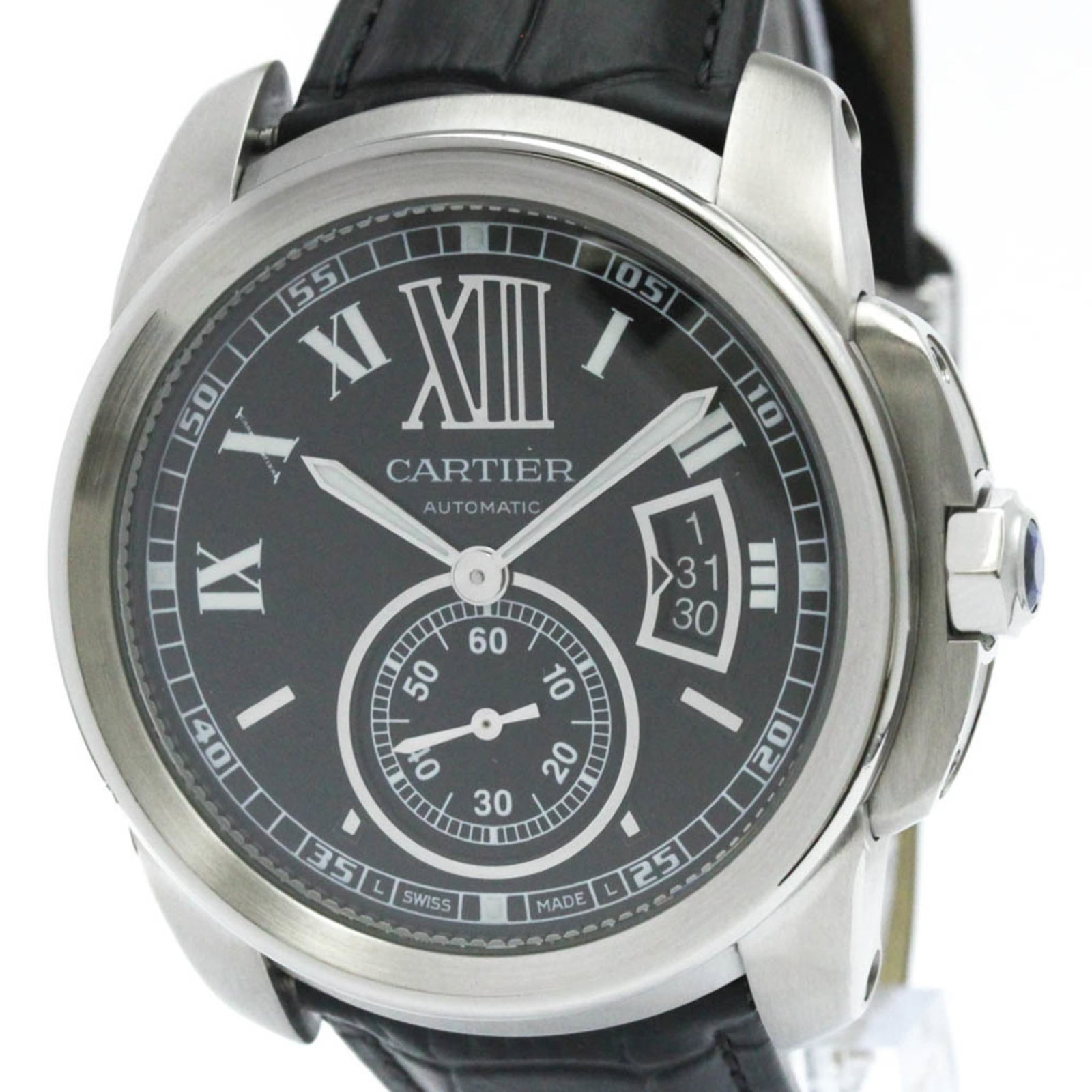 Watch Cartier: Watch Cartier Cartier stainless steel watch with a black leather strap and 42mm case diameter. The watch features a sporty design with some traces of usage, including minor scratches and dirt, but