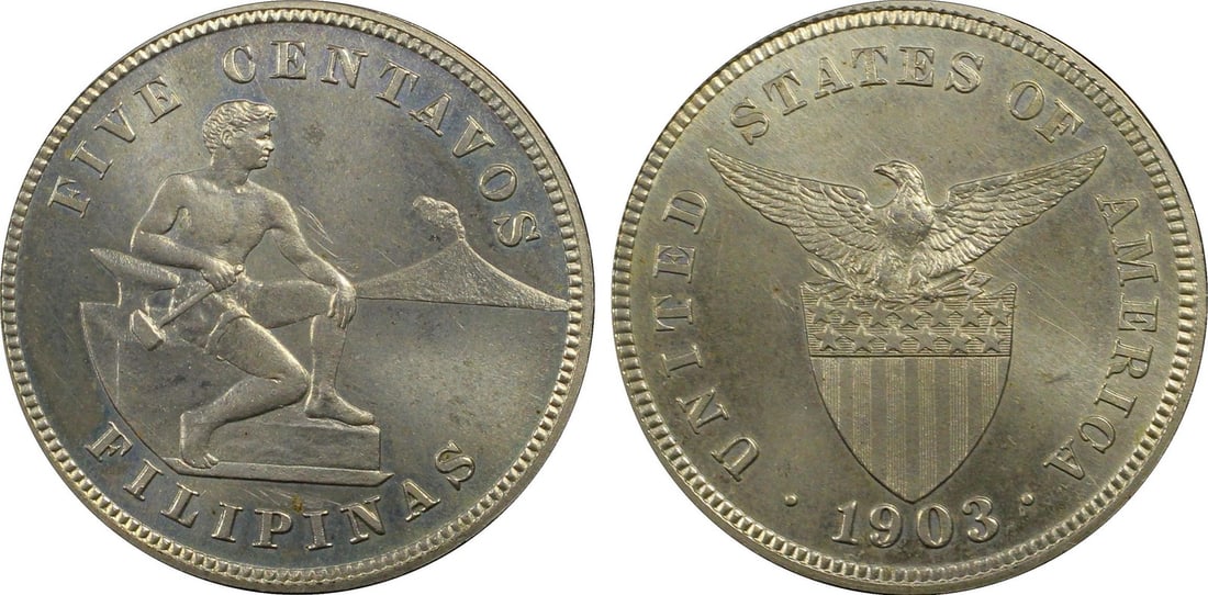 PROOF USA 5C PCGS CERTIFIED GENUINE: PROOF USA 5C PCGS CERTIFIED GENUINE The PROOF USA 5C PCGS CERTIFIED GENUINE is a rare and unique coin featuring a copper-nickel composition, dated 1903, with an unknown strike type and circulated/unci