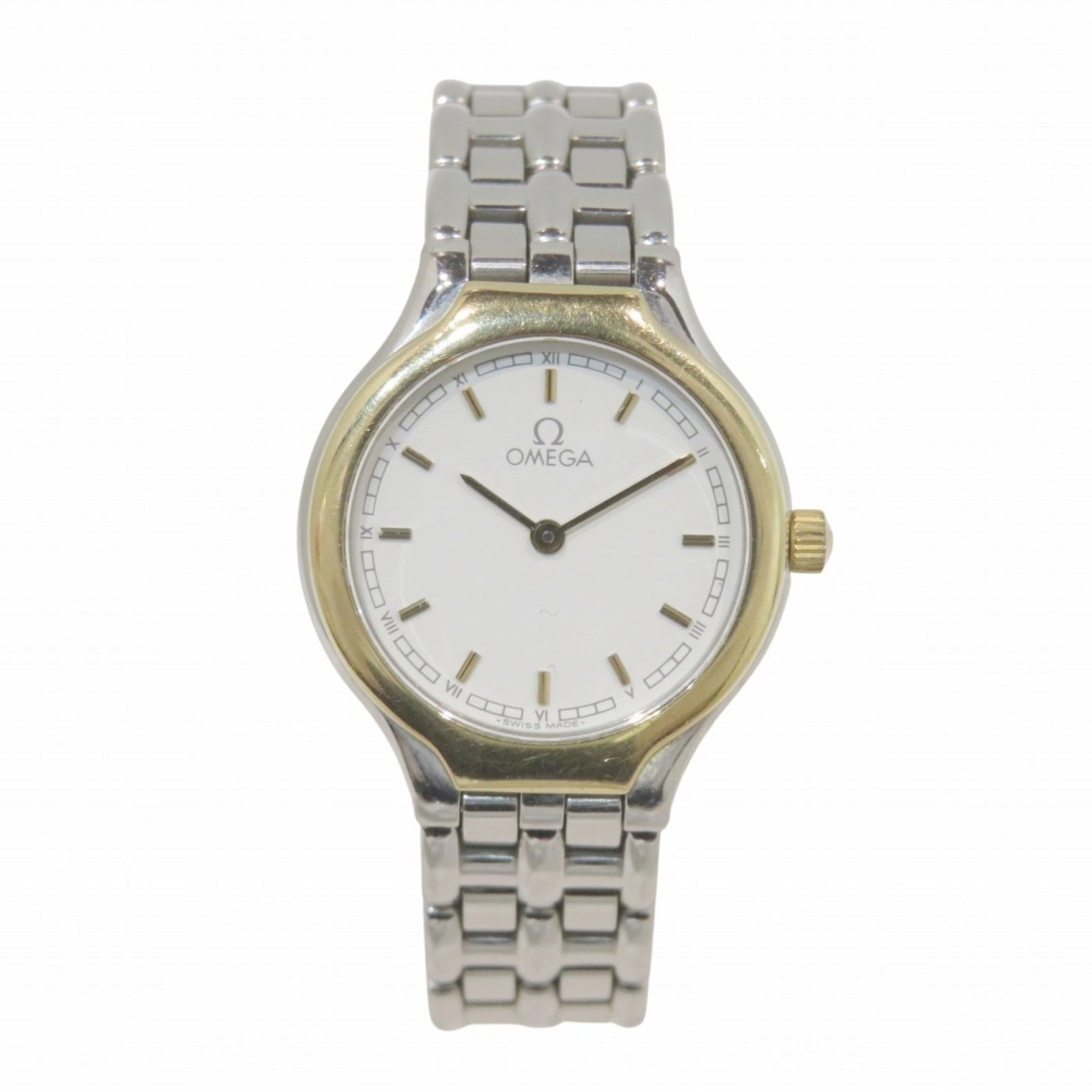 Wristwatch Omega: Wristwatch Omega This 18K gold Omega wristwatch boasts a sleek stainless steel band and features a white dial. With its 22mm case diameter and comfortable 15cm strap length, this watch is designed to