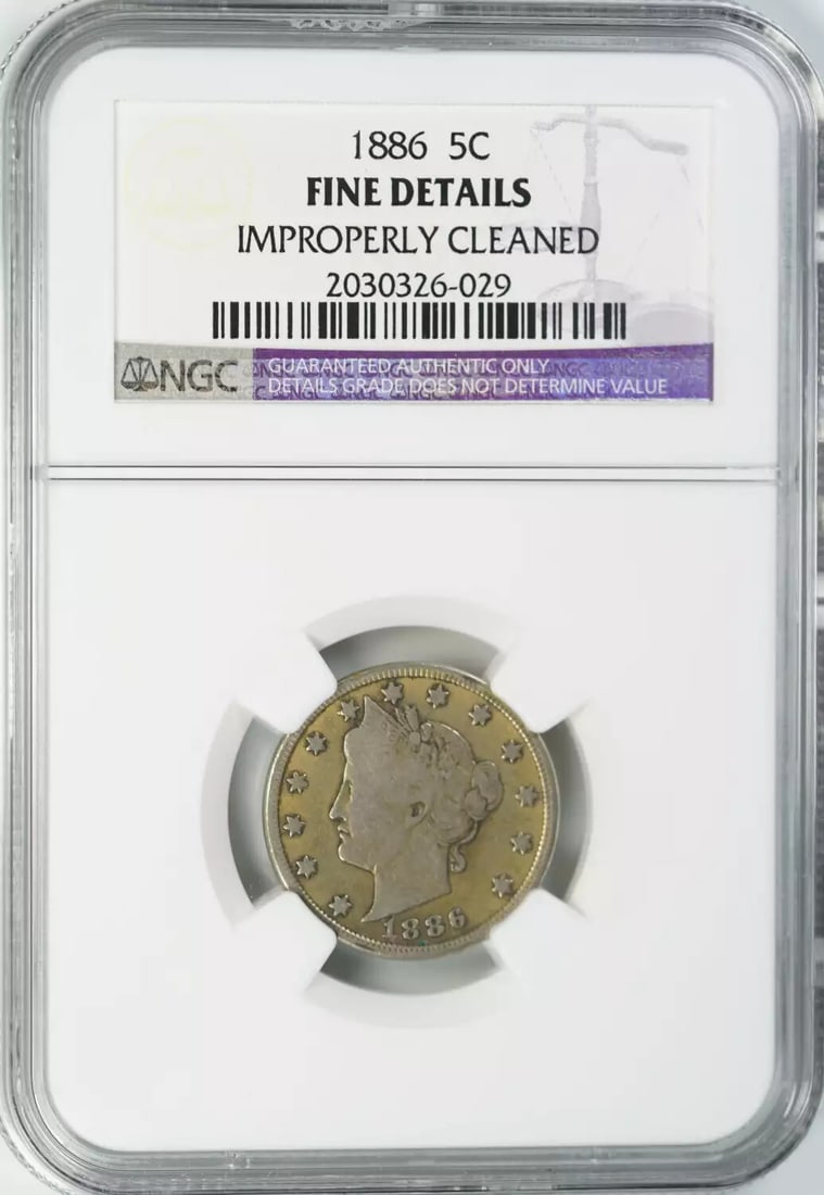 FINE FIVE CENT LIBERTY V nickel: FINE FIVE CENT LIBERTY V nickel This 1886 F Five Cent Liberty Nickel is certified by NGC and features an attractive circulated grade. The coin's high-grade details are preserved in its unique
