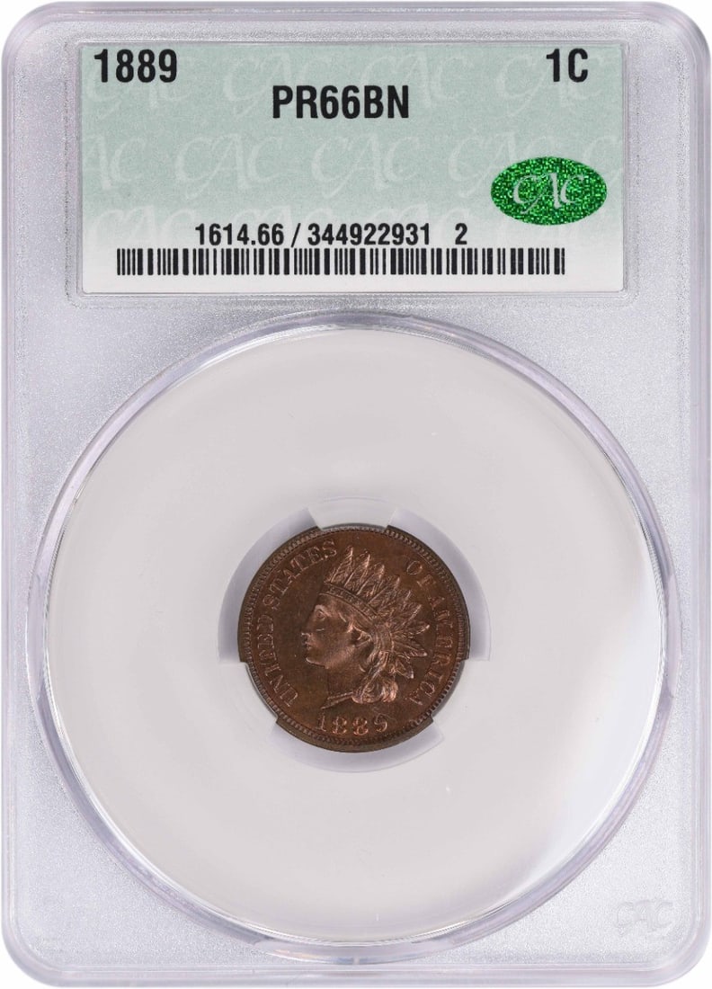 Indian cent PF66BN CACG: Indian cent PF66BN CACG The Indian cent PF66BN CACG features a striking design from 1889, showcasing the iconic Indian Head motif. This uncirculated proof coin boasts a high grade of SP66, indicating
