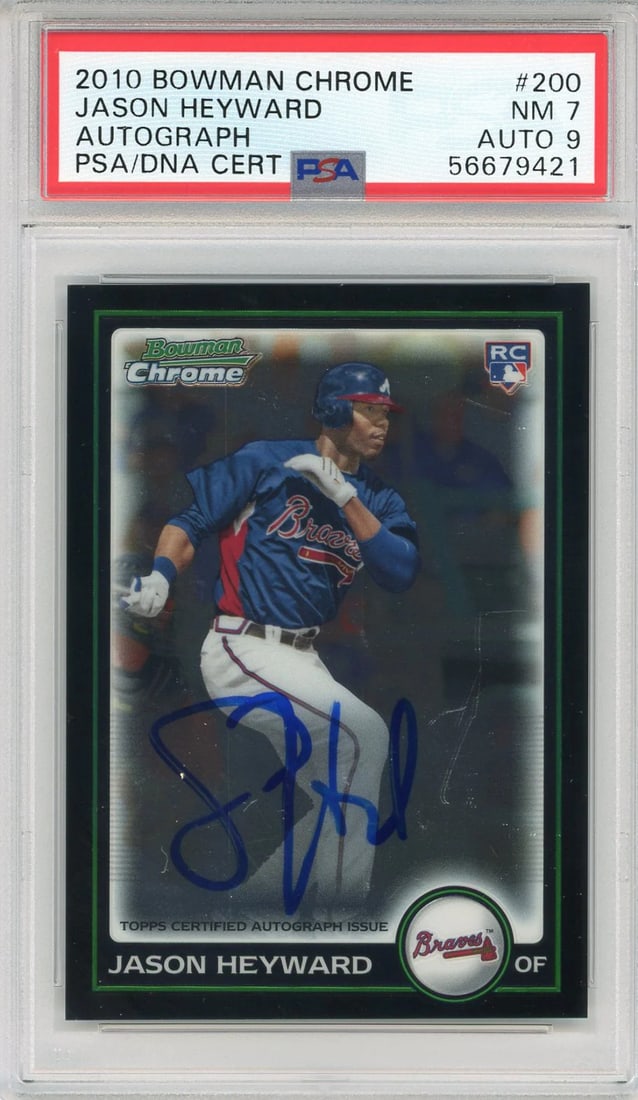 Jason Heyward Autographed 2010 Bowman Chrome Rookie Card PSA 79: Jason Heyward Autographed 2010 Bowman Chrome Rookie Card PSA 79 PSA-graded Jason Heyward Autographed 2010 Bowman Chrome Rookie Card #200. This highly sought-after rookie card features an impressive