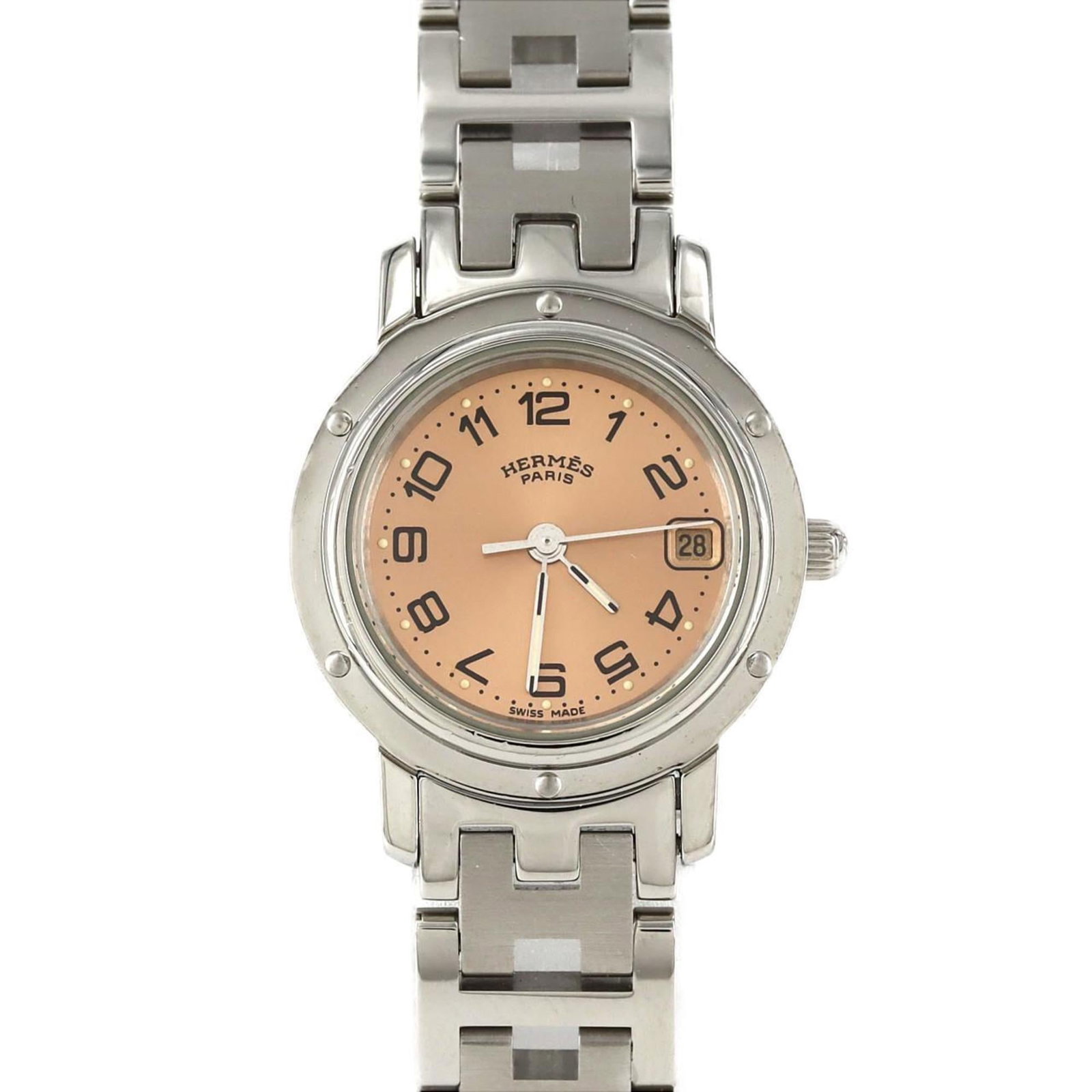 Watch Wrist Hermes: Watch Wrist Hermes Stainless steel case and band give this Herm?s wristwatch a sleek, modern look. The pink dial adds a touch of elegance to its classic design, making it a stylish accessory for any