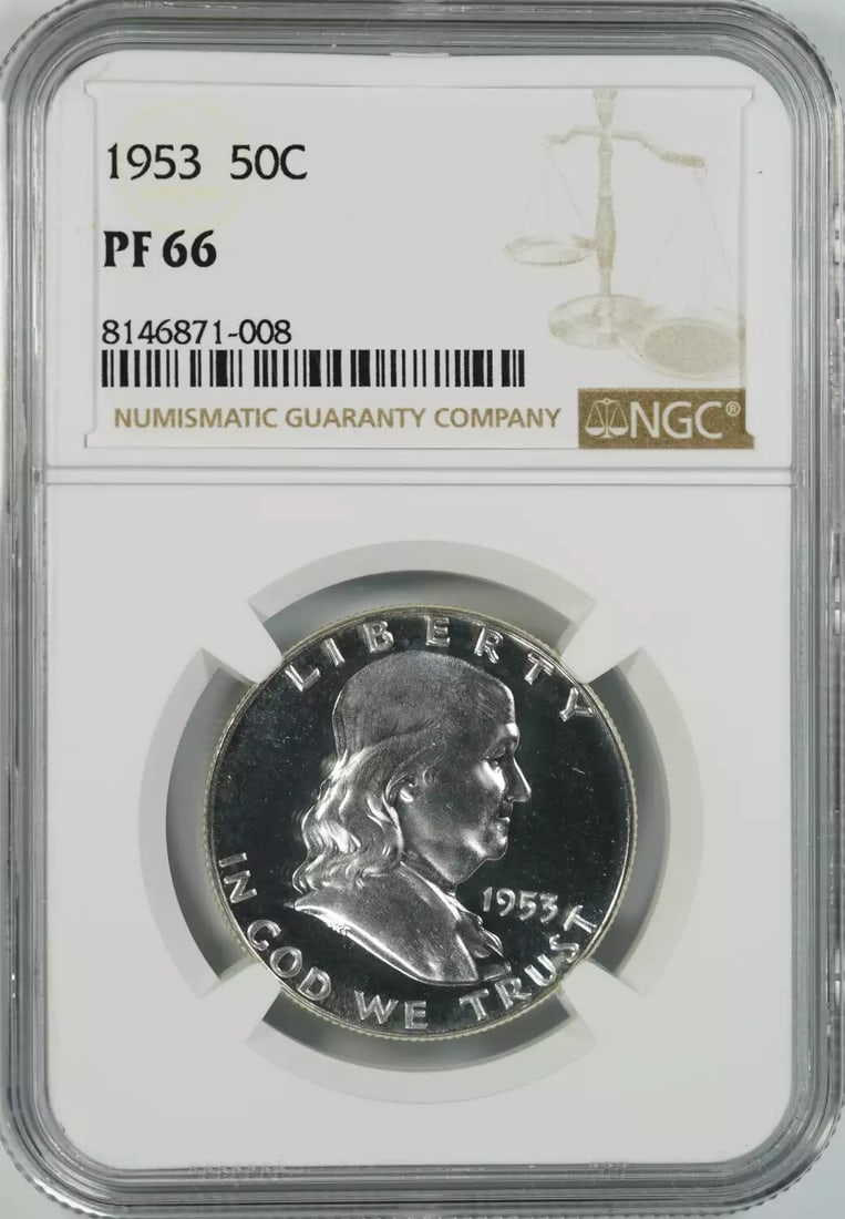 PROOF 50C HALF DOLLAR FRANKLIN 1953 NGC CERTIFIED PF 66: PROOF 50C HALF DOLLAR FRANKLIN 1953 NGC CERTIFIED PF 66 The 1953 Proof Franklin Half Dollar features a striking design with Franklin's portrait and iconic eagle. Certified by the Numismatic Guaranty