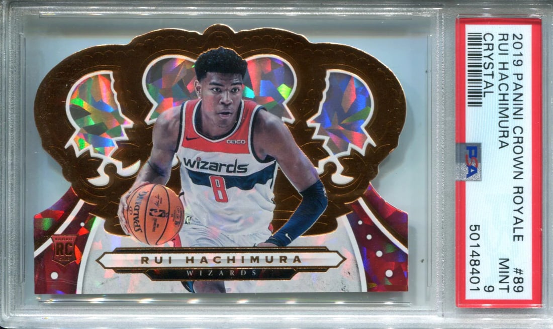 Rookie card: Rookie card Rui Hachimura's 2019 Panini Crown Royale Mint 9 Rookie Card features his rookie card in near-mint condition. This high-grade card showcases Hachimura's impressive stats and bio from the