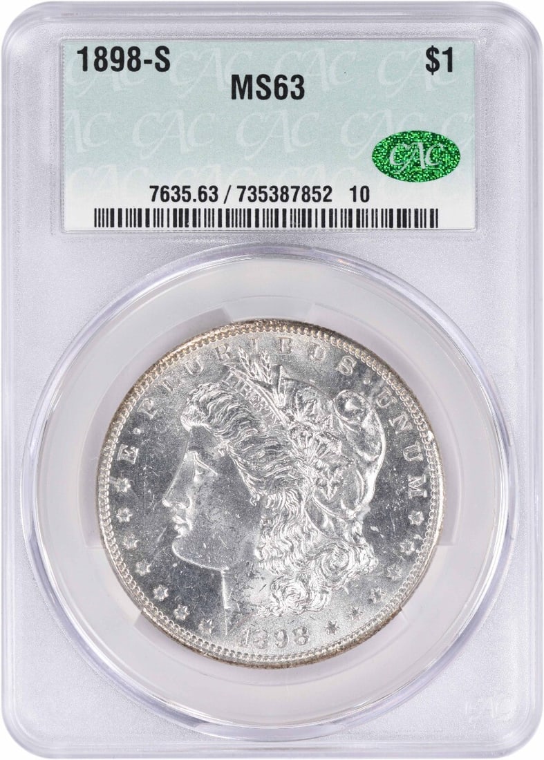 Morgan Silver Dollar 1898 MS63 CACG: Morgan Silver Dollar 1898 MS63 CACG The Morgan Silver Dollar 1898 MS63 CACG boasts exceptional condition with its 90% silver and 10% copper composition. This uncirculated coin features George T.