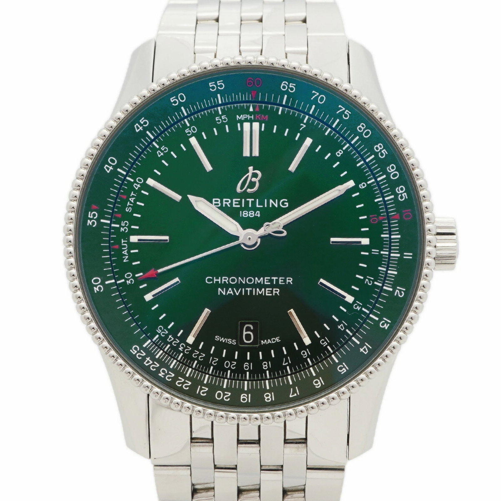 Strict Rules Wristwatch: Strict Rules Wristwatch Stainless steel band provides a durable foundation for this Breitling wristwatch. The green dial stands out against the sleek case, measuring 40.8mm in diameter and suitable fo