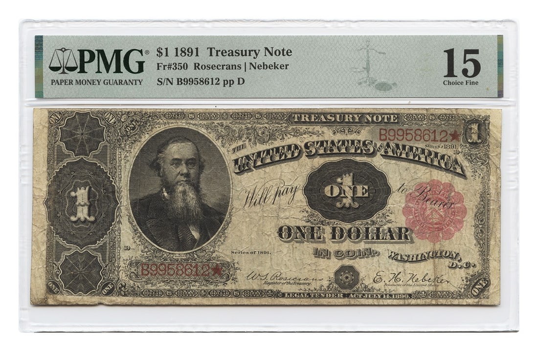 $1 Large Size 1891 Treasury Note: $1 Large Size 1891 Treasury Note The 1891 $1 Large Size Treasury Note features a circulated condition with notable wear and tear. This PMG-certified note showcases its unique characteristics,