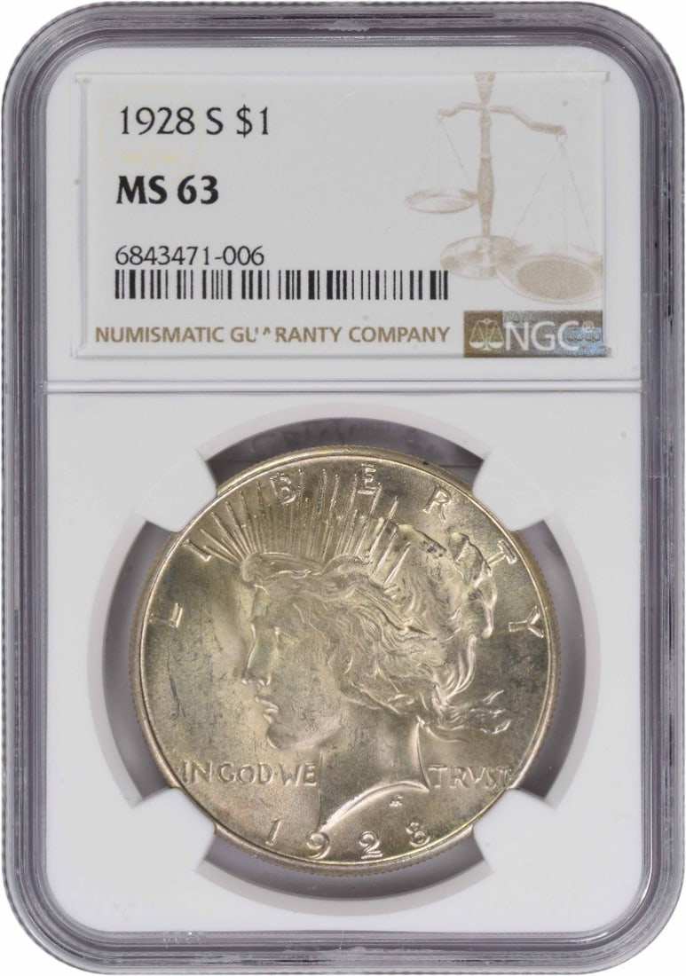 Silver Dollar MS63 Peace 1928: Silver Dollar MS63 Peace 1928 The 1928 Silver Dollar MS63 Peace coin boasts exceptional detail and luster, with its high-grade certification from NGC underscoring its impressive condition. This