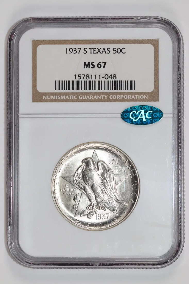 MS67 PQ HALF DOLLAR COMMEMORATIVE 1937-S TEXAS NGC CAC VERY: MS67 PQ HALF DOLLAR COMMEMORATIVE 1937-S TEXAS NGC CAC VERY MS67 PQ HALF DOLLAR COMMEMORATIVE 1937-S TEXAS NGC CAC VERYThis highly graded 1937-S Texas commemorative half dollar boasts an MS 67 grade