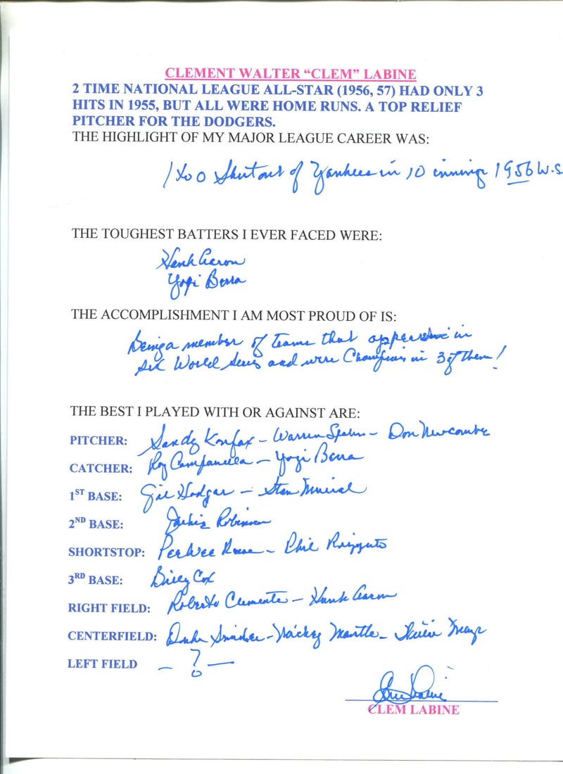 Labine Autographed Hand Survey Page: Labine Autographed Hand Survey Page Signed and filled out survey page from Clem Labine in blue pen. The front of the page features Labine's handwritten responses to questions, providing a unique